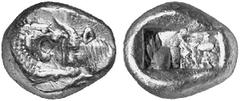 GRIECHISCHE MÜNZEN (GREEK COINS) LYDIA LYDIA Kroisos, 561-546 v. Chr. Ô-Stater (leichter Standard), Sardeis; 8.02 g. Löwen- und Stierprotome einander gegenüber//Zwei Incusa. SNG v. Aulock 2875. RR Seh