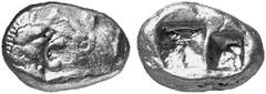 GRIECHISCHE MÜNZEN (GREEK COINS) LYDIA LYDIA Kroisos, 561-546 v. Chr. Ô-Stater (leichter Standard), Sardeis; 8.05 g. Löwen- und Stierprotome einander gegenüber//Zwei Incusa. SNG v. Aulock 2875. RR Seh