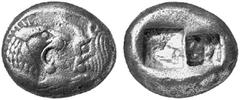 GRIECHISCHE MÜNZEN (GREEK COINS) LYDIA LYDIA Kroisos, 561-546 v. Chr. Õ-1/2 Stater, Sardeis; 5.23 g. Löwen- und Stierprotome einander gegenüber//Zweigeteiltes Incusum. SNG v. Aulock 2877. Sehr schön S