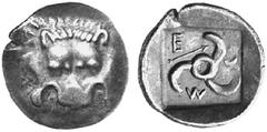 GRIECHISCHE MÜNZEN (GREEK COINS) LYCIA LYCIA Mithrapata, 380-360 v. Chr. Õ-Diobol, 390/370 v. Chr.; 1.19 g. Löwenmaske//In Quadratum incusum: Triskelis. Babelon, Traité II, 2, 456; SNG v. Aulock -; Vi