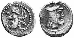 GRIECHISCHE MÜNZEN (GREEK COINS) CYPRUS CYPRUS SALAMIS. Euagoras II., 361-351 v. Chr. Õ-Obol; 0.63 g. Großkönig im Knielauf r. mit Bogen und Speer//Satrapenkopf r. Babelon, Les Perses Achemenides, Nr.