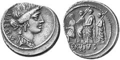 RÖMISCHE MÜNZEN (ROMAN COINS) MÜNZEN DER RÖMISCHEN REPUBLIK MÜNZEN DER RÖMISCHEN REPUBLIK Õ-Denar, 54 v. Chr., Rom, M. Junius Brutus; 3,65 g. Libertasbüste r.//Der Konsul L. Junius Brutus geht zwische