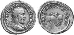 RÖMISCHE MÜNZEN (ROMAN COINS) MÜNZEN DER RÖMISCHEN KAISERZEIT MÜNZEN DER RÖMISCHEN KAISERZEIT Pupienus, 238. Õ-Antoninian, Rom; 4.43 g. Drapierte Büste r. mit Strahlenbinde//Handschlag. BMC 92; Coh. 2