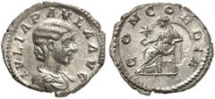 RÖMISCHE MÜNZEN MÜNZEN DER RÖMISCHEN KAISERZEIT - für Julia Paula. AR-Denar, 219/220, Rom; 2,39 g. Drapierte Büste r.//Concordia sitzt l. mit Patera, davor Stern. BMC 172; Coh. 6; RIC 211. Fehlerhafte