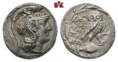 GRIECHISCHE MÜNZEN ATTICA ATHEN. AR-Tetradrachme, Boedromion (= September/Oktober) 124 v. Chr.; 16,68 g. Athenakopf r. mit attischem Helm//Eule auf Amphore v. v., r. Delphin mit Dreizack. Thompson 107