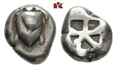 GRIECHISCHE MÜNZEN AEGINA AEGINA. AR-Stater, 550/500 v. Chr.; 11,65 g. Seeschildkröte//Vielfach geteiltes Incusum. SNG Delepierre vergl. 1624 ff. Prüfpunzen, schön