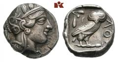 GRIECHISCHE MÜNZEN ATTICA ATHEN. AR-Tetradrachme, um 420/405 v. Chr.; 16,96 g. Athenakopf r. mit attischem Helm//In Incusum: Eule r., dahinter Olivenzweig und Mondsichel. Flament Gruppe III. Feine Pat