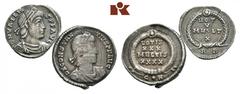RÖMISCHE MÜNZEN MÜNZEN DER RÖMISCHEN KAISERZEIT Valens, 364-378. AR-Siliqua, 364/367, Rom; 1,95 g. Drapierte Büste r. mit Perldiadem//VOT/V/MVLT/X in Kranz. RIC 10 c. Dazu eine Õ-Siliqua des Contantiu