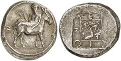 AUSGEWÄHLTE MÜNZEN AUS DER WELT DER ANTIKE GRIECHISCHE MÜNZEN MACEDONIA MENDE. AR-Tetradrachme, 460/423 v. Chr.; 17,05 g. Dionysos mit Kantharos auf Esel r.//In Incusum: Weinstock. Noë, The Mende (Kal