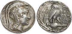 AUSGEWÄHLTE MÜNZEN AUS DER WELT DER ANTIKE GRIECHISCHE MÜNZEN ATTICA ATHEN. AR-Tetradrachme, Poseidonion (= Dezember/Januar) 130/129 v. Chr.; 16,79 g. Athenakopf r. mit attischem Helm//In Kranz: Eule 