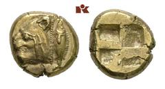 GRIECHISCHE MÜNZEN MYSIA KYZIKOS. El-Hekte, 550/500 v. Chr.; 2,67 g. Löwenkopf l., dahinter Thunfisch//Viergeteiltes Incusum. SNG France 179; v. Fritze 39. R Sehr schön-vorzüglich Kyzikos beherrschte 