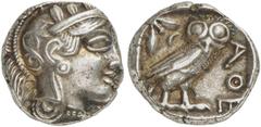 GRIECHISCHE MÜNZEN ATTICA ATHEN AR-Tetradrachme, um 420/405 v. Chr.; 17,15 g. Athenakopf r. mit attischem Helm//In Incusum: Eule r., dahinter Olivenzweig und Mondsichel. Flament Gruppe III. Feine Tönu