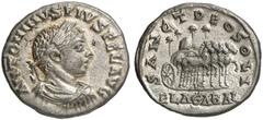 RÖMISCHE MÜNZEN MÜNZEN DER RÖMISCHEN KAISERZEIT Antoninus IV. Elagabal, 218-222 AR-Denar, 218/219, Antiochia; 2,52 g. Drapierte Büste r. mit Lorbeerkranz//SANCT DEO SOLI ELAGABAL Stein von Emesa in Qu