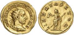 RÖMISCHE MÜNZEN MÜNZEN DER RÖMISCHEN KAISERZEIT Volusianus, 251-253 AV-Binio, Rom; 5,75 g. Drapierte Büste r. mit Strahlenbinde//Libertas steht l. mit Pileus und Zepter an Säule gelehnt. Calico 3362; 