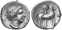 GRIECHISCHE MÜNZEN SICILIA PUNIER. AR-Tetradrachme, 350/340 v. Chr., Lagermünzstätte; 17.42 g. Persephonekopf r. von 3 Delphinen umgeben, dahinter Ideogramm der Astarte//Pferd r., dahinter Dattelpalme