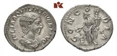 RÖMISCHE MÜNZEN MÜNZEN DER RÖMISCHEN KAISERZEIT Antoninus IV. Elagabal, 218-222 für Aquilia Severa. AR-Denar, 220/222, Rom; 3,26 g. Drapierte Büste r.//Concordia steht l. mit Patera und Doppelfüllhorn