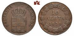 EUROPÄISCHE MÜNZEN UND MEDAILLEN GRIECHENLAND Otto I., 1832-1862. Ku.-10 Lepta 1838, Athen. Divo 18 d; Karamitsos 75. Kl. Schrötlingsfehler, fast vorzüglich