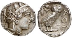 GRIECHISCHE MÜNZEN ATTICA ATHEN AR-Tetradrachme, um 440/420 v. Chr.; 16,78 g. Athenakopf r. mit attischem Helm//In Incusum: Eule r., dahinter Olivenzweig und Mondsichel. Flament Gruppe II. Feine Tönun