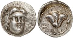 GRIECHISCHE MÜNZEN CARIA RHODOS AR-Tetradrachme, 230/205 v. Chr., Magistrat Ameinias; 13,62 g. Helioskopf fast v. v.// Rose, l. Prora. Ashton, The Coinage of Rhodes 212; SNG Keckman 542. R Sehr schön