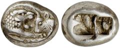 GRIECHISCHE MÜNZEN LYDIA Kroisos, 561-546 v. Chr. AR-1/2 Stater, Sardeis; 5,36 g. Löwen- und Stierprotome einander gegenüber// Zweigeteiltes Incusum. SNG v. Aulock vergl. 2877 ff. Sehr schön Kroisos, 