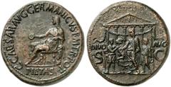 RÖMISCHE MÜNZEN MÜNZEN DER RÖMISCHEN KAISERZEIT Gaius Caligula, 37-41 Æ-Sesterz, 37/38, Rom; 26,12 g. Pietas sitzt l. mit Patera, den l. Ellbogen auf Statue gestützt// Sechssäuliger Tempel des Divus A