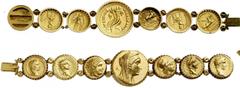 RÖMISCHE MÜNZEN MÜNZSCHMUCK Armband bestehend aus sieben antiken Goldmünzen : Neben vier römischen Aurei je ein Stater von Philipp II. und Alexander III. sowie als zentrales Stück eine Arsinoe-Oktodra