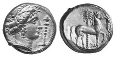 GRIECHISCHE MÜNZEN SICILIA PUNIER. AR-Tetradrachme, 350/315 v. Chr., Lagermünzstätte; 17.02 g. Persephonekopf r., davor Thymiaterion//Pferd r., dahinter Dattelpalme, davor Caduceus und Nike. Jenkins I