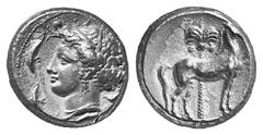 GRIECHISCHE MÜNZEN SICILIA PUNIER. AR-Tetradrachme, 350/315 v. Chr., Lagermünzstätte; 17.02 g. Persephonekopf l., von vier Delphinen umgeben//Pferd r., dahinter Dattelpalme. Jenkins III, 115. R Etwas 