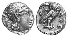 GRIECHISCHE MÜNZEN ATTICA ATHEN. AR-Tetradrachme, 230/180 v. Chr.; 17.18 g. Athenakopf r. mit attischem Helm//Eule steht r., dahinter Olivenzweig und Mondsichel. SNG Cop. -; SNG München -; Svoronos Pl