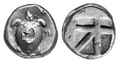 GRIECHISCHE MÜNZEN AEGINA AEGINA. AR-Stater, 480/457 v. Chr.; 12.18 g. Seeschildkröte mit deutlichem Auge//Fünffach geteiltes Incusum. SNG Delepierre vergl. 1522 ff. Prüfpunze auf dem Avers, sehr schö