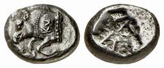 GRIECHISCHE MÜNZEN (GREEK COINS) LYCIA LYCIA Frühdynastische Prägungen. AR-Stater, 500/460 v. Chr., unbestimmte Münzstätte; 9.42 g. Eberprotome l., darauf KVB//Unregelmäßiges Quadratum incusum. Babelo