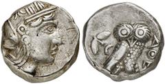 GRIECHISCHE MÜNZEN ATTICA. ATHEN. AR-Tetradrachme, um 350/295 v. Chr.; 17,04 g. Athenakopf r. mit attischem Helm//Eule r., dahinter Olivenzweig und Mondsichel. Elayi/Elayi in RN 1994 vergl. 31 ff. Seh
