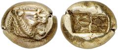 GRIECHISCHE MÜNZEN LYDIA. Alyattes, 610-561 v. Chr. El-1/3 Stater, Sardeis; 4,78 g. Löwenkopf r.//Zweigeteiltes Incusum. SNG v. Aulock 2868; Waggoner, Rosen Coll. 656; Weidauer 89. Sehr attraktives, f