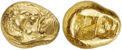 GRIECHISCHE MÜNZEN LYDIA. Kroisos, 561-546 v. Chr. AV-Stater (leichter Standard), Sardeis; 8,10 g. Löwen- und Stierprotome einander gegenüber//Zweigeteiltes Incusum. SNG v. Aulock 2875. Sehr selten in