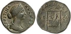 RÖMISCHE MÜNZEN MÜNZEN DER RÖMISCHEN KAISERZEIT. Antoninus II. Marcus Aurelius, 161-180. - für Faustina filia. Æ-Sesterz, 161/165, Rom; 23,58 g. Drapierte Büste r. mit Diadem//Thron, darauf die Zwilli
