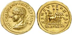 RÖMISCHE MÜNZEN MÜNZEN DER RÖMISCHEN KAISERZEIT. Antoninus IV. Elagabal, 218-222. AV-Aureus, 218/219, Antiochia; 7,18 g. Drapierte Büste l. mit Lorbeerkranz//SANCT DEO SOLI ELAGABAL Stein von Emesa in