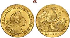 DAS KÖNIGREICH PREUSSEN KÖNIG FRIEDRICH II., DER GROSSE, 1740-1786. Goldmünzen aus der zweiten Münzperiode 1750-1763. Münzstätte Breslau. Dukat 1757 B, Breslau. 3,44 g. Büste r.//Gekrönter Adler sitzt