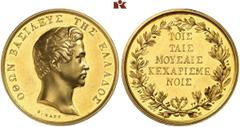 EUROPÄISCHE MÜNZEN UND MEDAILLEN GRIECHENLAND. Otto I., 1832-1862. Goldmedaille zu 8 Dukaten o. J., von K. Lange. Geschenkmedaille des Königs. ΟΘΩΝ ΒΑ†IΛΕΥ† ΤΗ† ΕΛΛΑΔΟ† Kopf r.//TOI / TAI† / ΜΟΥ†AI† /