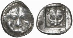 GRIECHISCHE MÜNZEN (GREEK COINS) ATTICA ATHEN. "Wappenmünzen". AR-Distater (Tetradrachme), 520/510 v. Chr.; 16.70 g. Gorgoneion//In Incusum: Löwenmaske v. v., oben zwei Kugeln. Nicolet-Pierre in RN 19