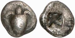 GRIECHISCHE MÜNZEN (GREEK COINS) AEGINA AEGINA. AR-Hemidrachme, 6. Jahrhundert v. Chr.; 2.89 g. Seeschildkröte//Vielfach geteiltes Incusum. Milbank vergl. Pl. I, 9; SNG Delepierre vergl. 1510. R Fast 