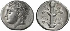 GRIECHISCHE MÜNZEN (GREEK COINS) CYRENAICA KYRENE. AR-Didrachme, 308/277 v. Chr.; 7.58 g. Karneioskopf l.//Silphium, l. Monogramm, r. Stern. BMC 238; SNG Cop. 1238. Attraktives, sehr schönes Exemplar 