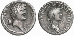 RÖMISCHE MÜNZEN (ROMAN COINS) IMPERATORISCHE PRÄGUNGEN Marcus Antonius, † 30 v. Chr. und Kleopatra. AR-Denar, 34 v. Chr., Alexandria; 3.40 g. Kopf r., dahinter armenische Tiara//Drapierte Büste r. mit