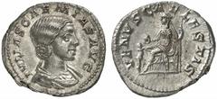 RÖMISCHE MÜNZEN (ROMAN COINS) MÜNZEN DER RÖMISCHEN KAISERZEIT Antoninus IV. Elagabal, 218-222 für Julia Soaemias. AR-Denar, Rom; 3.34 g. Drapierte Büste r.//Venus sitzt l. mit Apfel und Zepter, davor 
