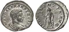 RÖMISCHE MÜNZEN (ROMAN COINS) MÜNZEN DER RÖMISCHEN KAISERZEIT Antoninus IV. Elagabal, 218-222 für Severus Alexander. AR-Denar, 221/222, Rom; 3.13 g. Drapierte Büste r.//Spes geht l. mit Blume. BMC 264