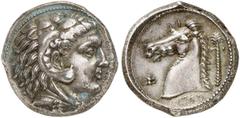 GRIECHISCHE MÜNZEN SICILIA. PUNIER. AR-Tetradrachme, um 300 v. Chr., "MHSBM" (Quästorenmünzstätte); 16,48 g. Herakleskopf im Löwenfell r.//Pferdekopf l., davor Astragal, dahinter Palme. Jenkins IV, 36