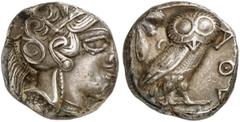 GRIECHISCHE MÜNZEN ATTICA. ATHEN. AR-Tetradrachme, um 420/405 v. Chr.; 17,16 g. Athenakopf r. mit attischem Helm//In Incusum: Eule r., dahinter Olivenzweig und Mondsichel. Flament Gruppe III. Feine Pa