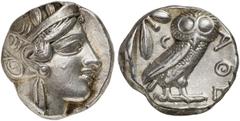 GRIECHISCHE MÜNZEN ATTICA. ATHEN. AR-Tetradrachme, um 420/405 v. Chr.; 17,14 g. Athenakopf r. mit attischem Helm//In Incusum: Eule r., dahinter Olivenzweig und Mondsichel. Flament Gruppe III. Feine Tö