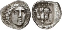 GRIECHISCHE MÜNZEN CARIA. RHODOS. AR-Tetradrachme, 408/404 v. Chr.; 15,17 g. Helioskopf fast v. v.//Rose, l. Keule, r. I (?). Ashton u. a., The Hecatomnus Hoard (Appendix) 20 (dies Exemplar); Ashton, 