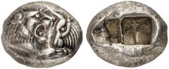 GRIECHISCHE MÜNZEN LYDIA. Kroisos, 561-546 v. Chr. AR-1/2 Stater, Sardeis; 5,41 g. Löwen- und Stierprotome einander gegenüber//Zweigeteiltes Incusum. SNG v. Aulock vergl. 2877 ff. Sehr attraktives Exe
