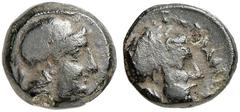 GRIECHISCHE MÜNZEN LYDIA. Tissaphernes, Satrap, 401-395 v. Chr. Æ-Chalkus, Sardeis (?); 2,37 g. Athenakopf r. mit attischem Helm//Kopf des Tissaphernes r. mit Lorbeerkranz. Winzer 6.1. R Fast sehr sch